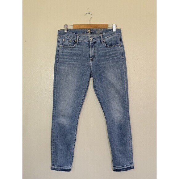 7 For All Mankind The Ankle Skinny Jean Womens Size 32 Raw Hem Slit Medium Wash - Picture 1 of 12